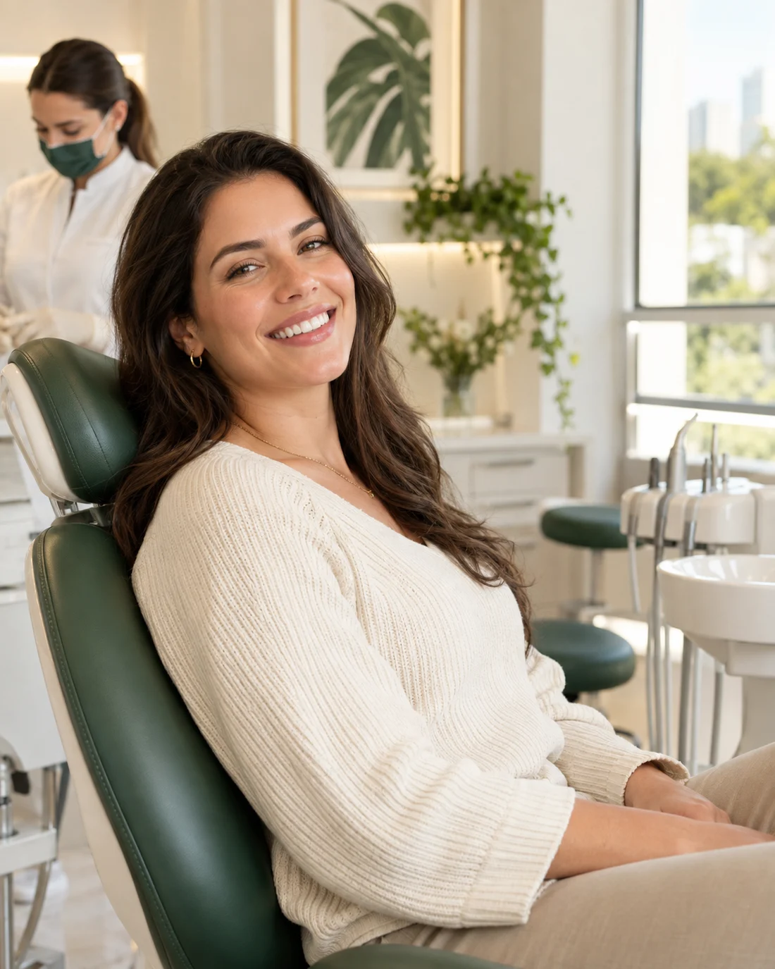 Paciente sorrindo em um ambiente odontológico acolhedor